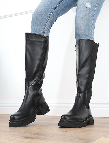 Bottes élastiquées en simili à talon - Noir - 1