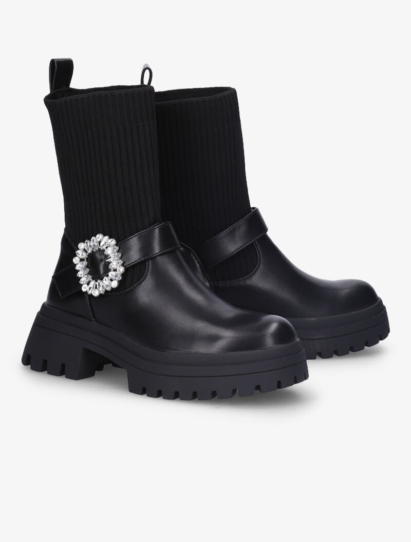 Boots chaussettes à boucle en strass - Noir - 5