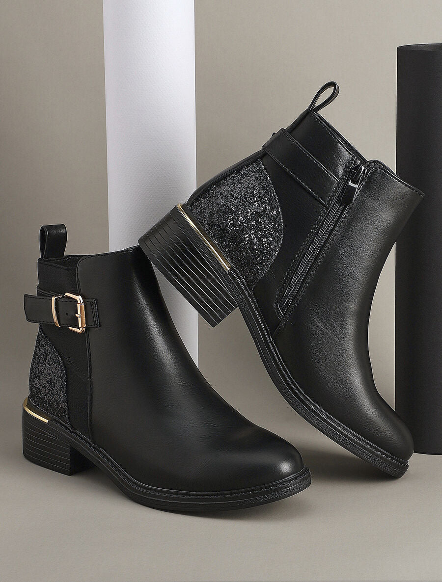 Bottines à contrefort pailleté et sanglé - Noir - 1