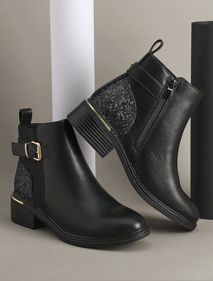 Bottines à contrefort pailleté et sanglé - Noir - 1