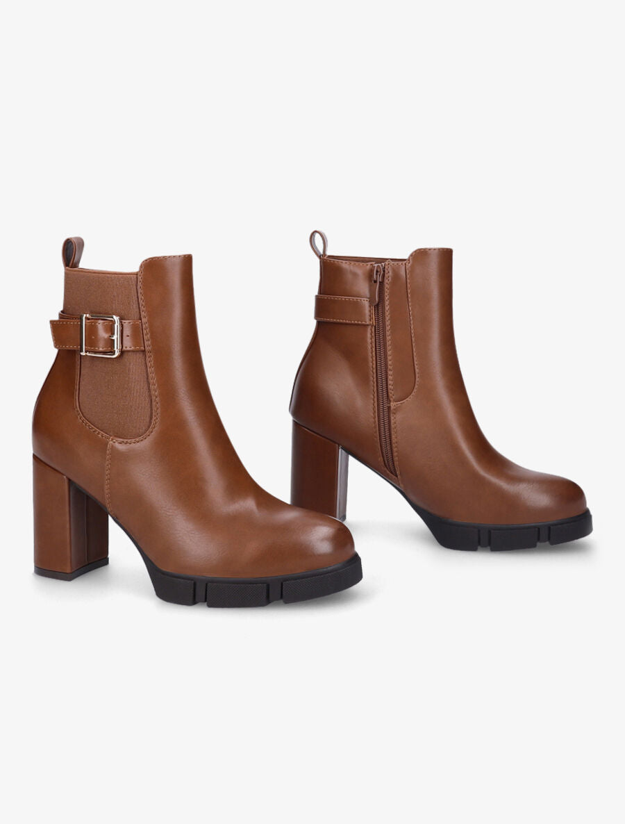 Bottines à talon et boucle en simili - Camel - 4