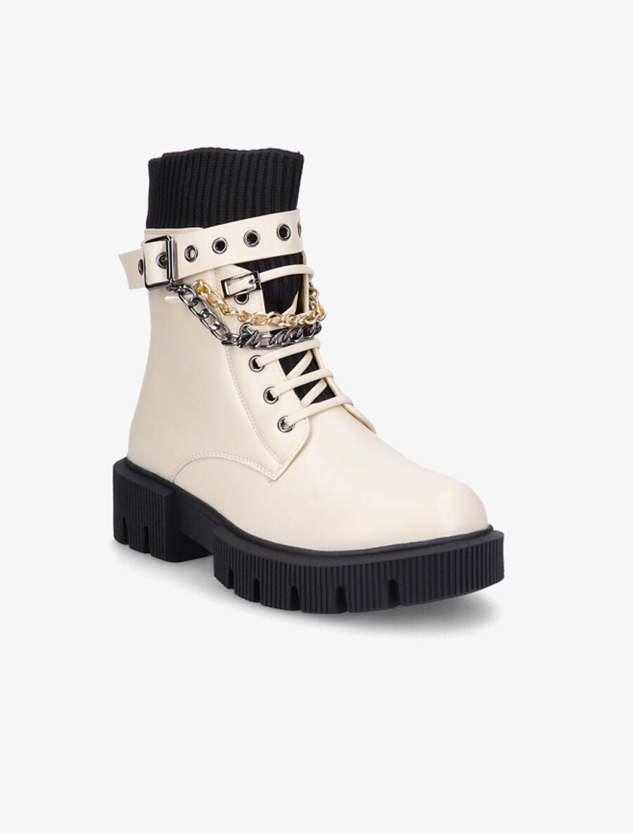Bottines style rangers à chaînes - Beige - 2