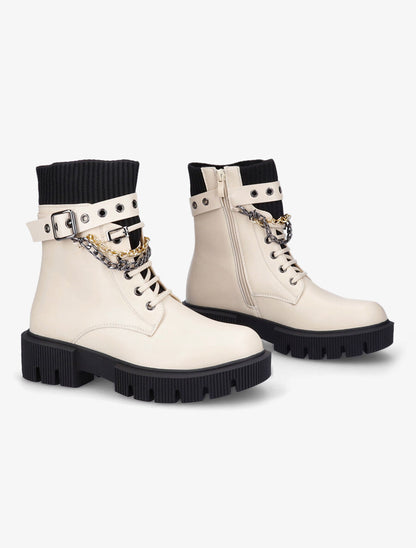Bottines style rangers à chaînes - Beige - 4