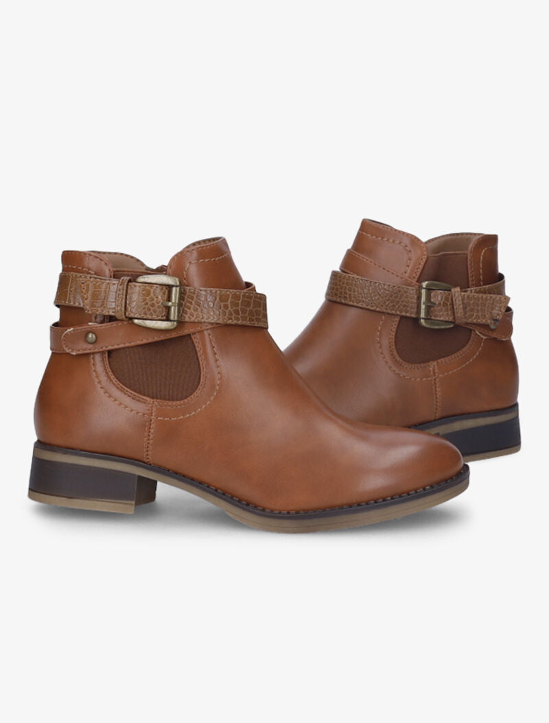 Low boots à sangle effet croco - Camel - 1