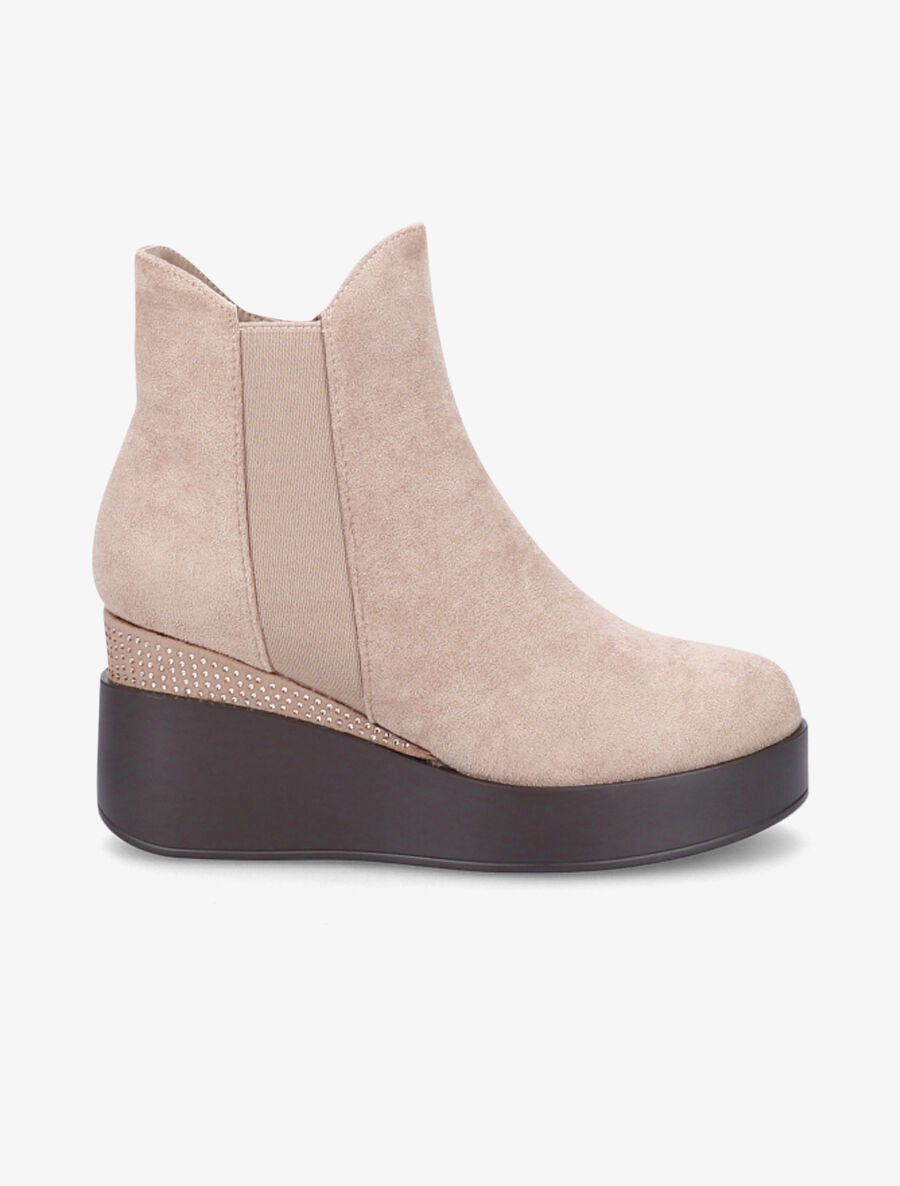 Bottines compensées en suédine à strass - Beige - 1
