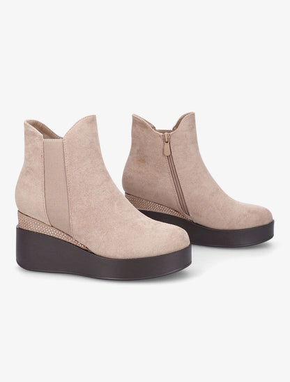 Bottines compensées en suédine à strass - Beige - 4