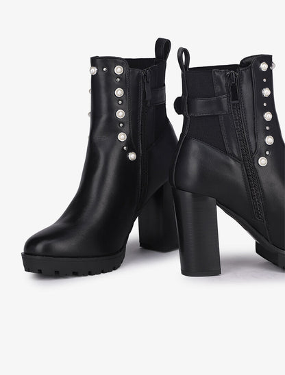Bottines à talon ornées de perles et clous - Noir - 1