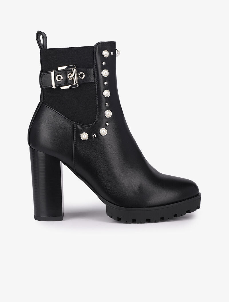 Bottines à talon ornées de perles et clous - Noir - 2