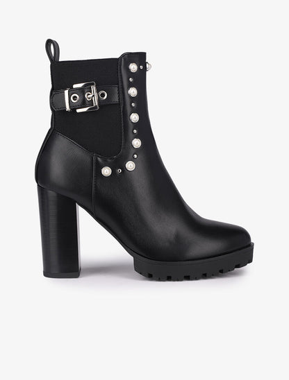 Bottines à talon ornées de perles et clous - Noir - 2