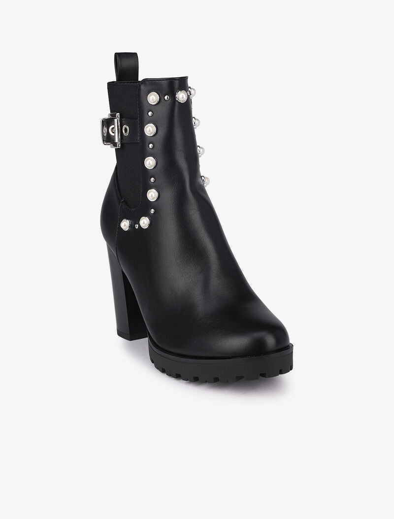 Bottines à talon ornées de perles et clous - Noir - 3