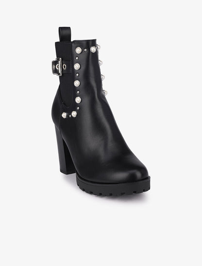 Bottines à talon ornées de perles et clous - Noir - 3