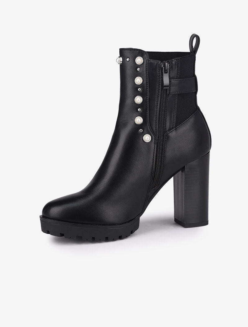 Bottines à talon ornées de perles et clous - Noir - 4