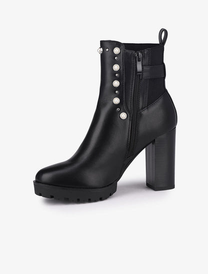 Bottines à talon ornées de perles et clous - Noir - 4