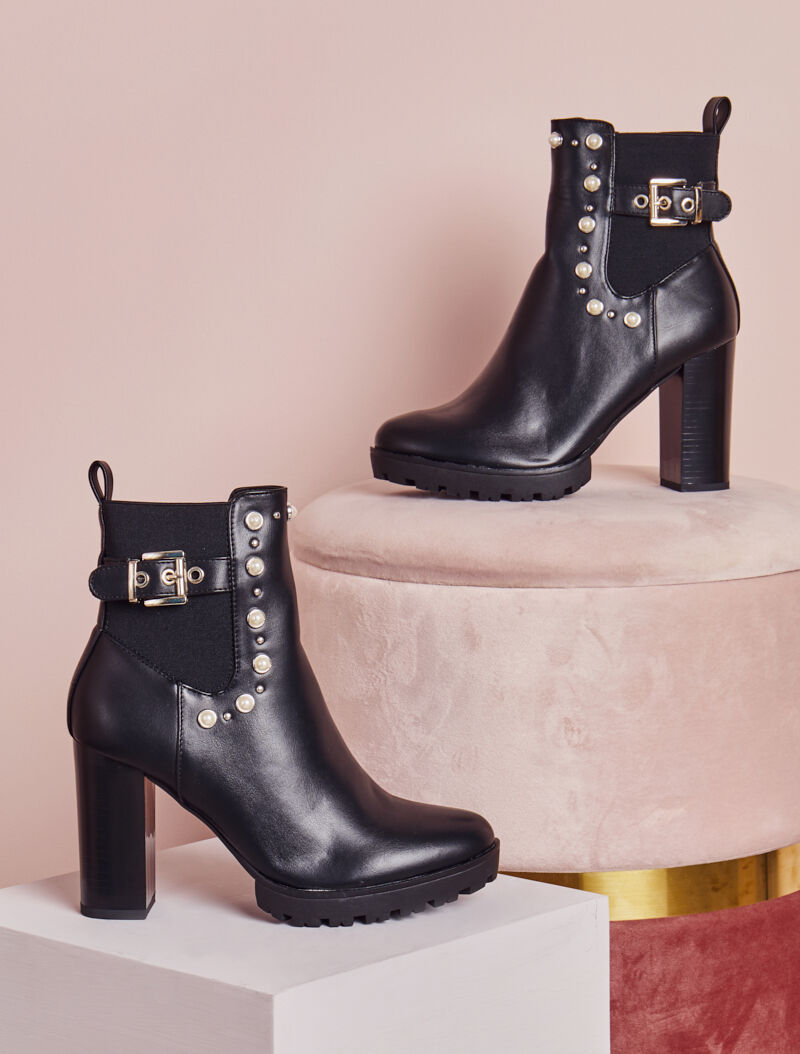 Bottines à talon ornées de perles et clous - Noir - 5