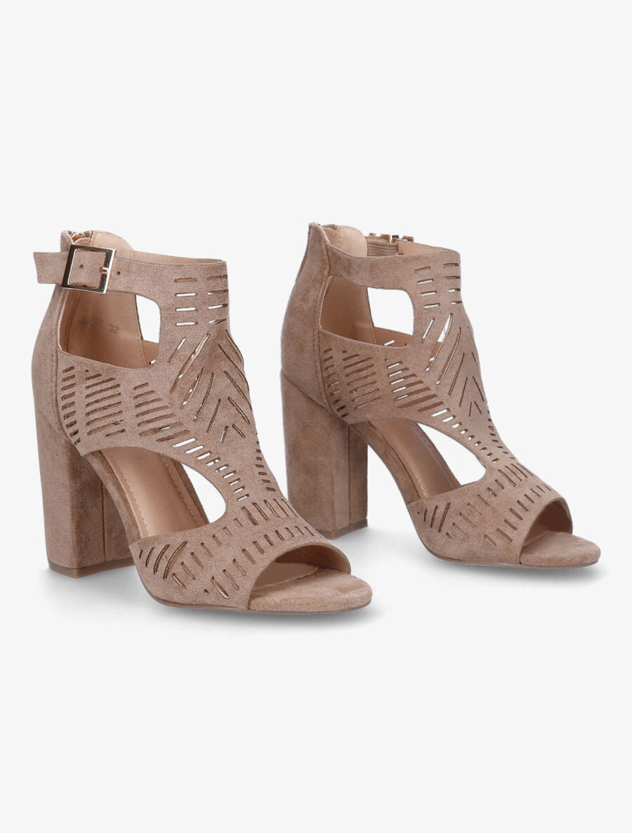 Sandales ajourées à talon haut en suédine - Taupe - 4