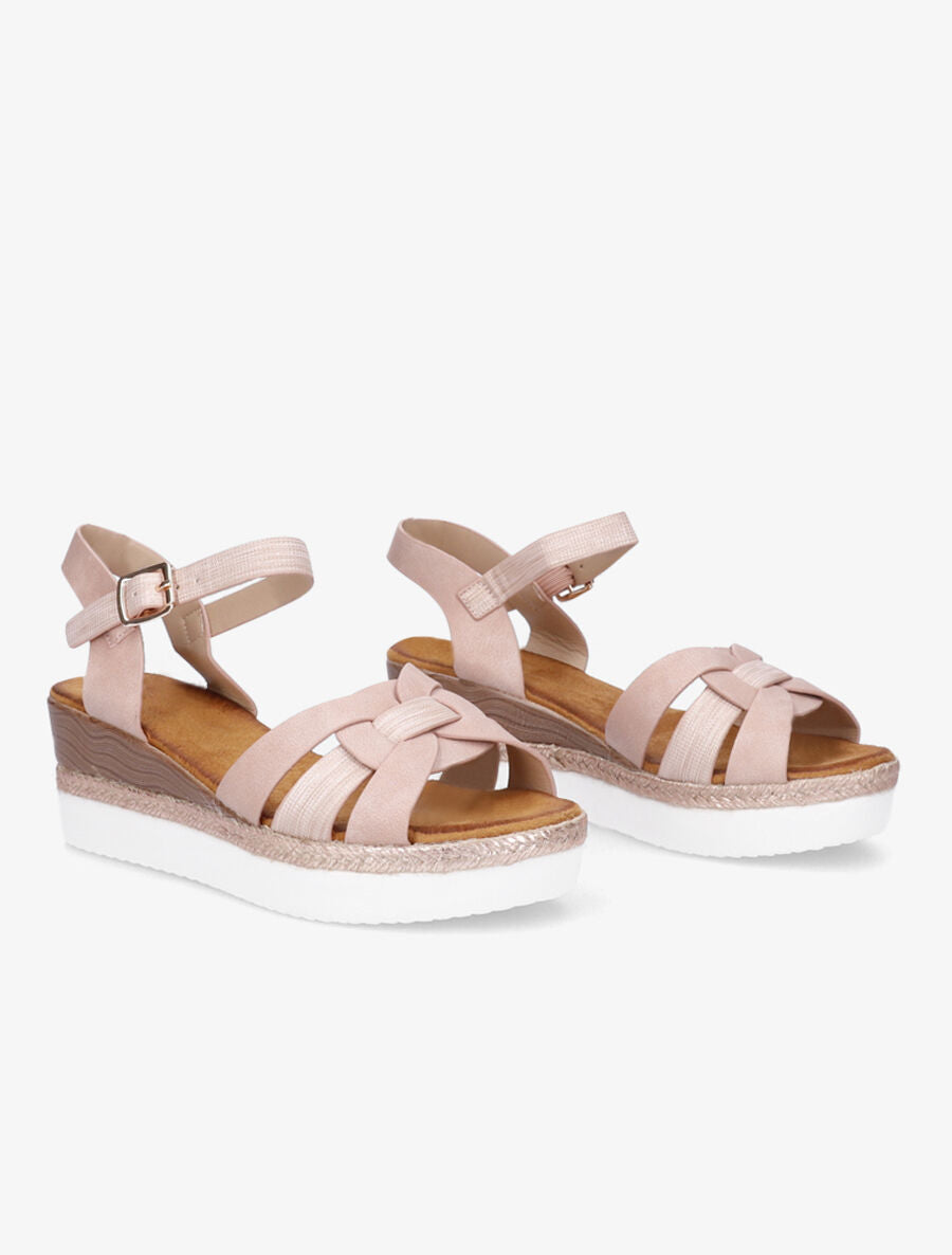 Sandales en simili talon compensé tressé - Rose - 4