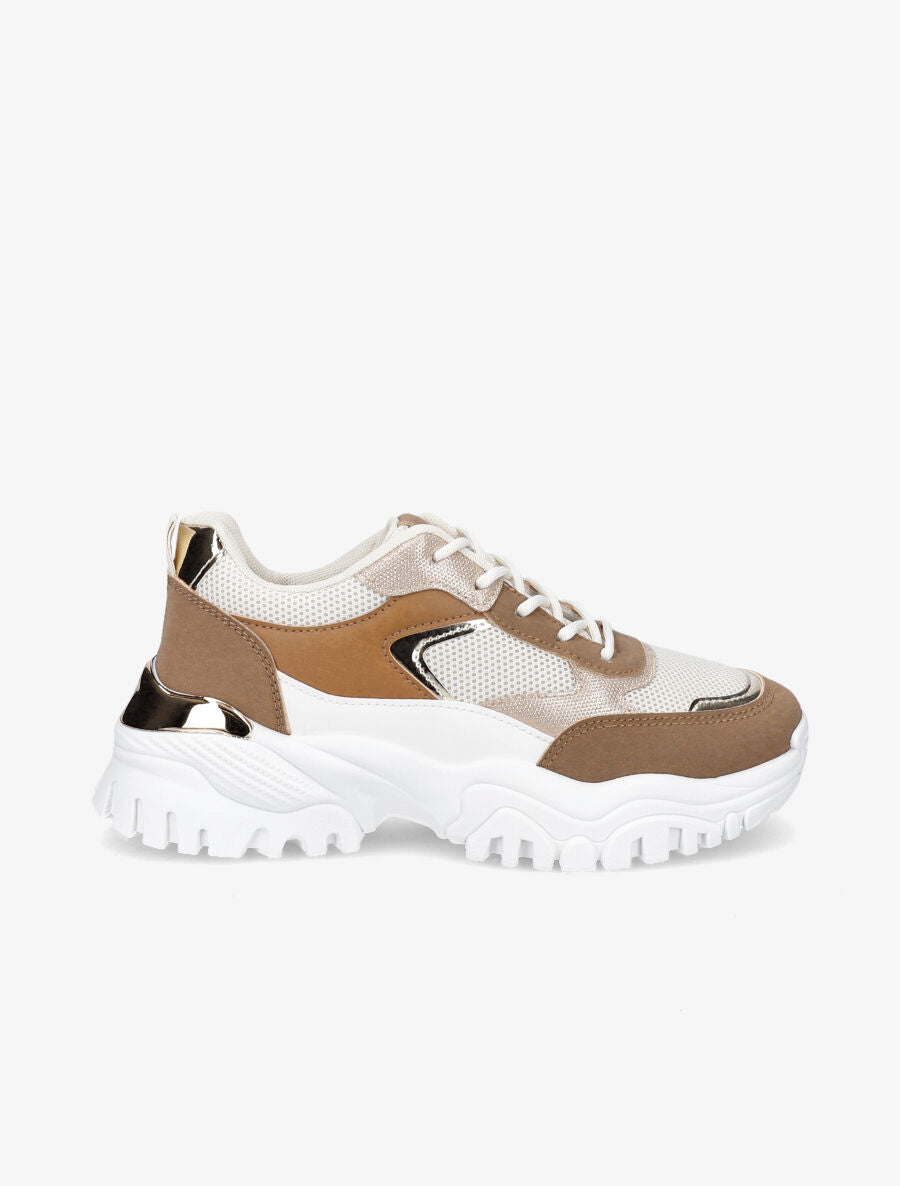 Sneakers à contrefort contrastant et détail métallique - Camel - 1