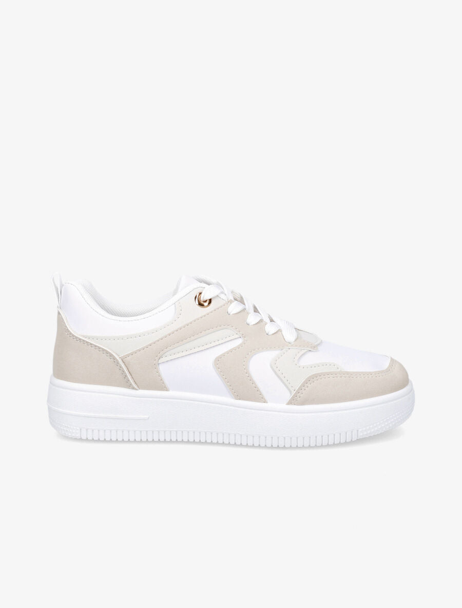 Sneakers bicolore en simili - Beige - 5