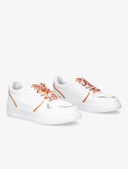 Baskets à lacets fleuris - Blanc/orange - 4