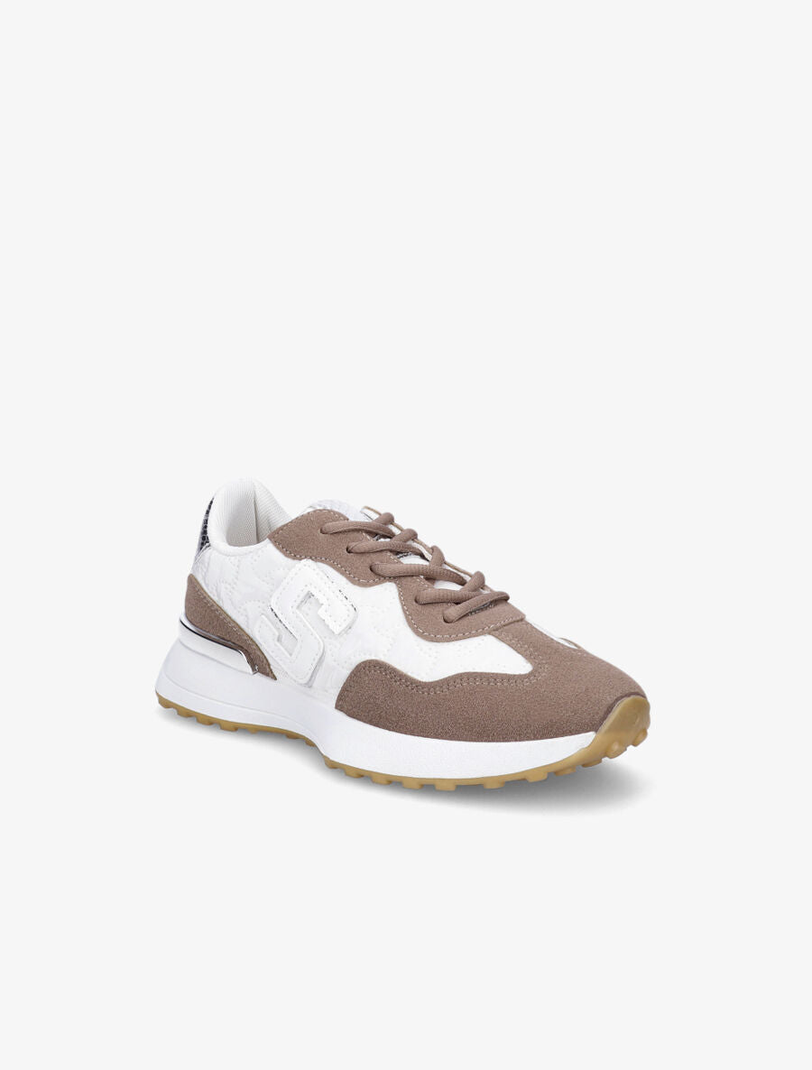 Running en suédine et tissu matelassé - Blanc/taupe - 2