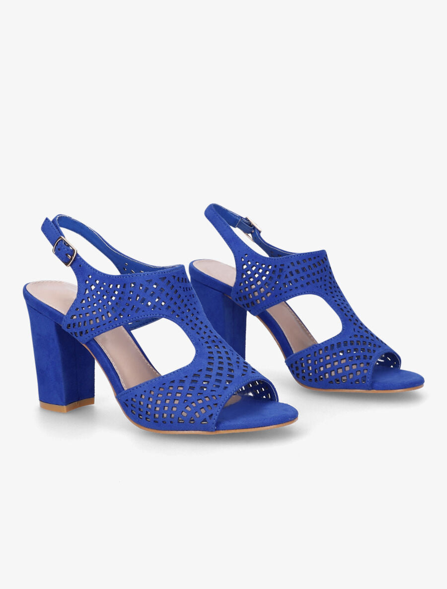 Sandales à talon en suédine perforée - Bleu électrique - 4