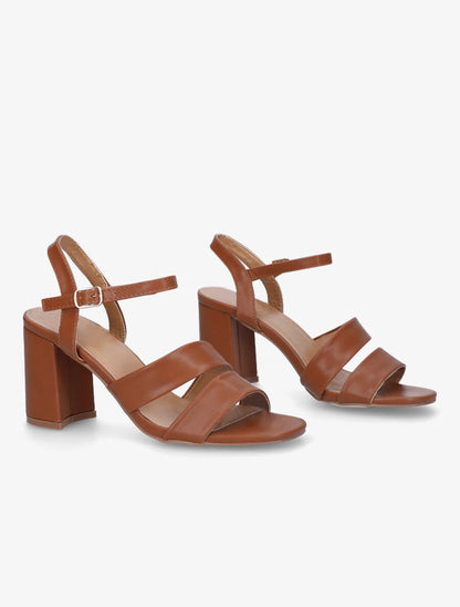 Sandales à talon et double brides en simili - Camel - 4