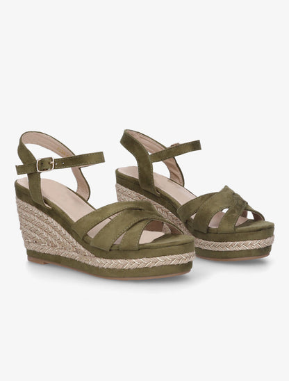 Sandales compensées tressées en suédine - Kaki - 4