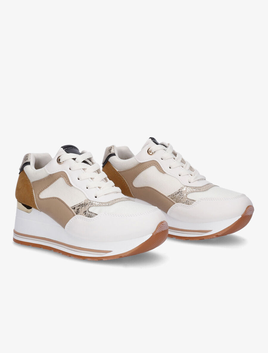 Baskets bi-matière à empiècements effet métallique - Beige - 4