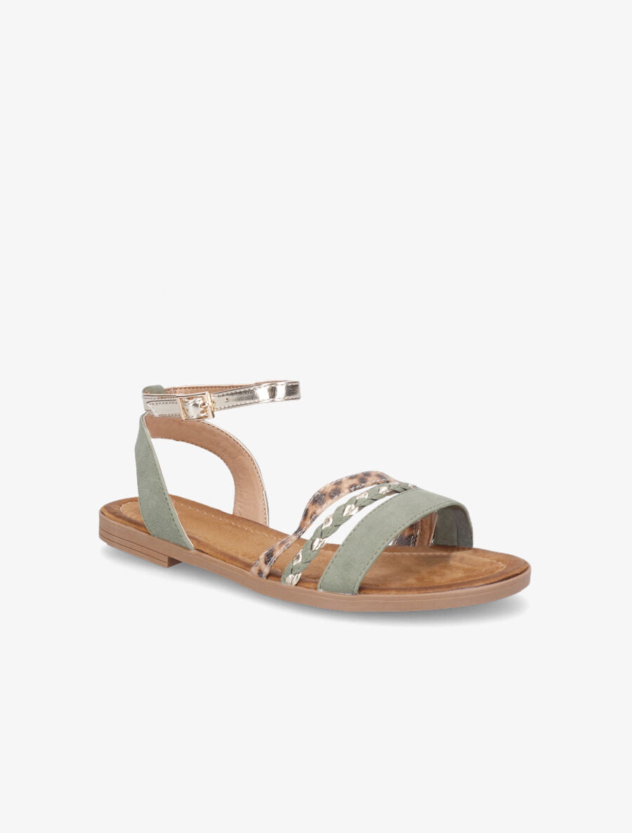 Nu-pieds à triples brides imprimé léopard et tressées - Vert d&