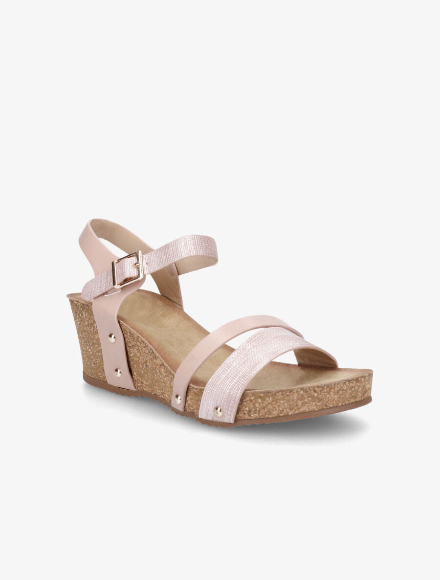 Sandales compensées effet liège et ganses irisées - Rose - 2