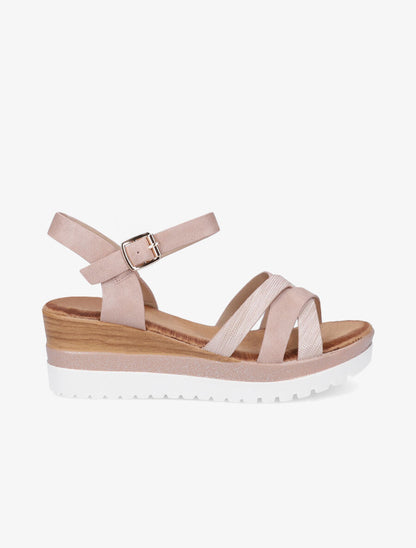 Sandales compensées pailletées et croisées - Rose - 1