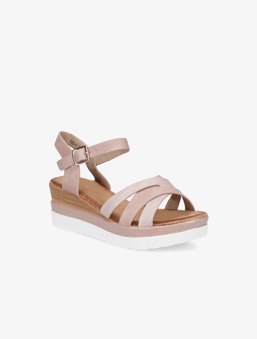 Sandales compensées pailletées et croisées - Rose - 2