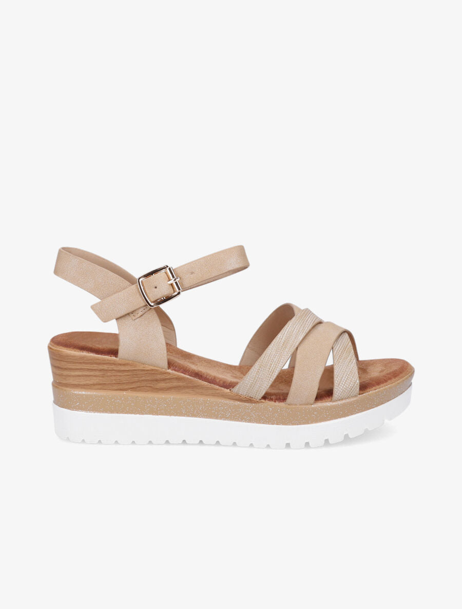 Sandales compensées pailletées et croisées - Beige - 1
