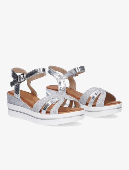 Sandales à talon compensé pailleté - Argent - 4