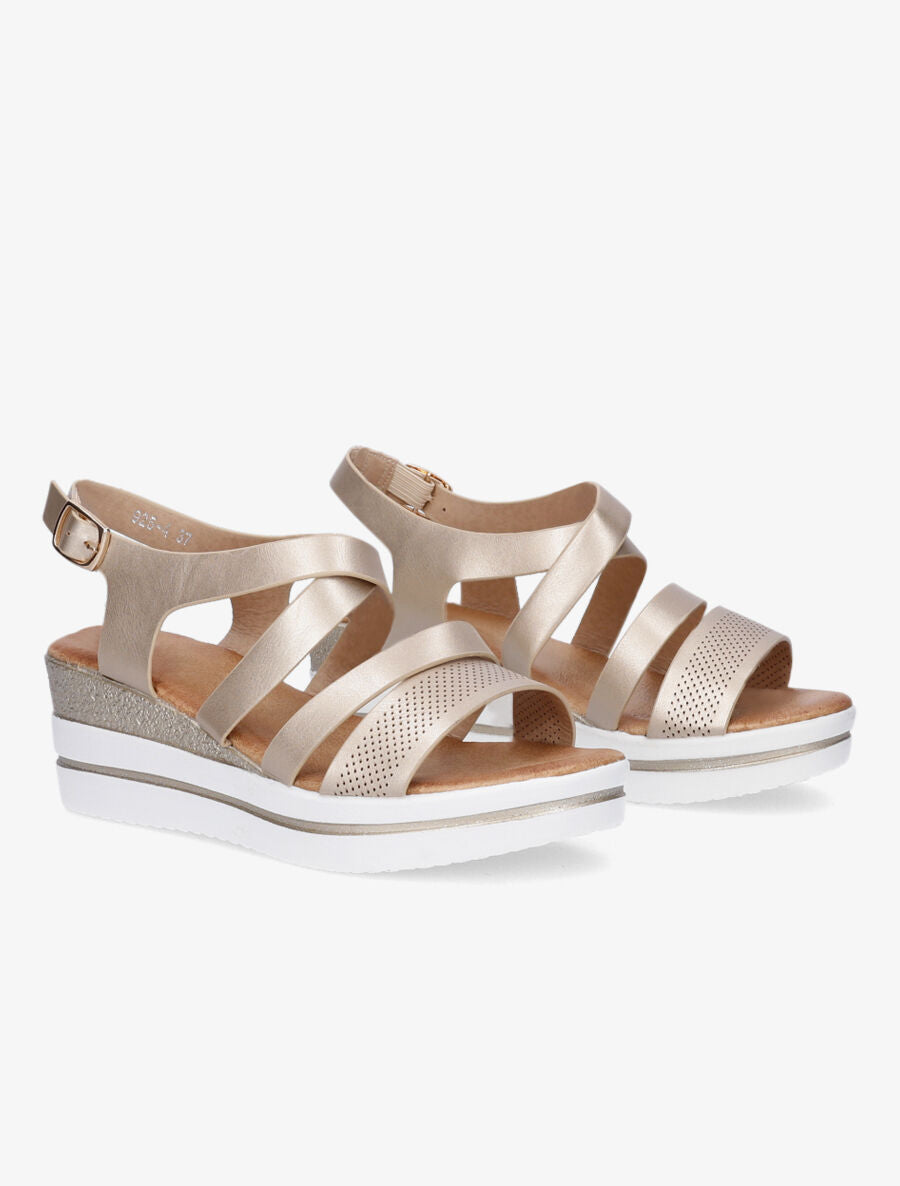 Sandales à talon compensé à brides perforées - Or - 4