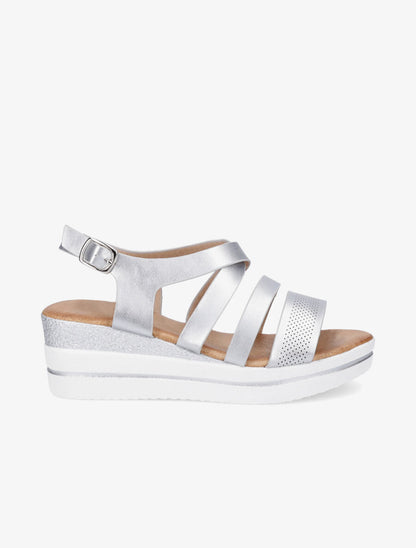 Sandales à talon compensé à brides perforées - Argent - 5