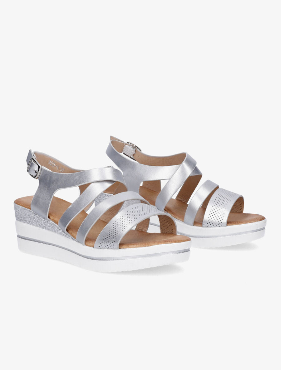 Sandales à talon compensé à brides perforées - Argent - 4