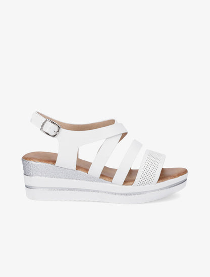 Sandales à talon compensé à brides perforées - Blanc - 5