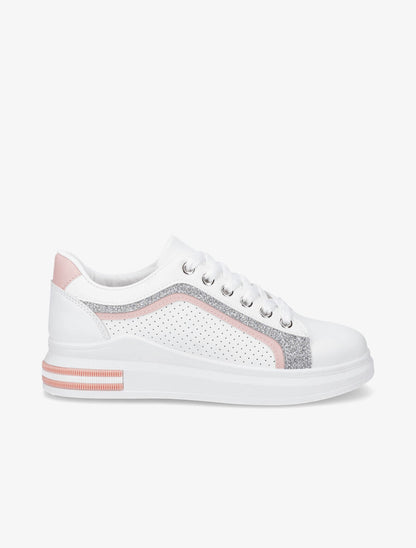 Sneakers en simili perforés à bandes pailletées - Rose - 1