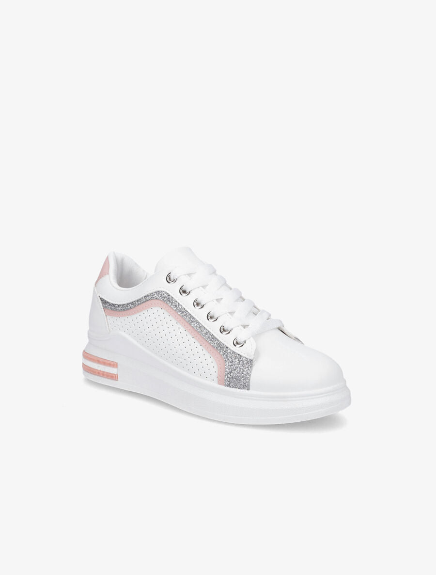 Sneakers en simili perforés à bandes pailletées - Rose - 2