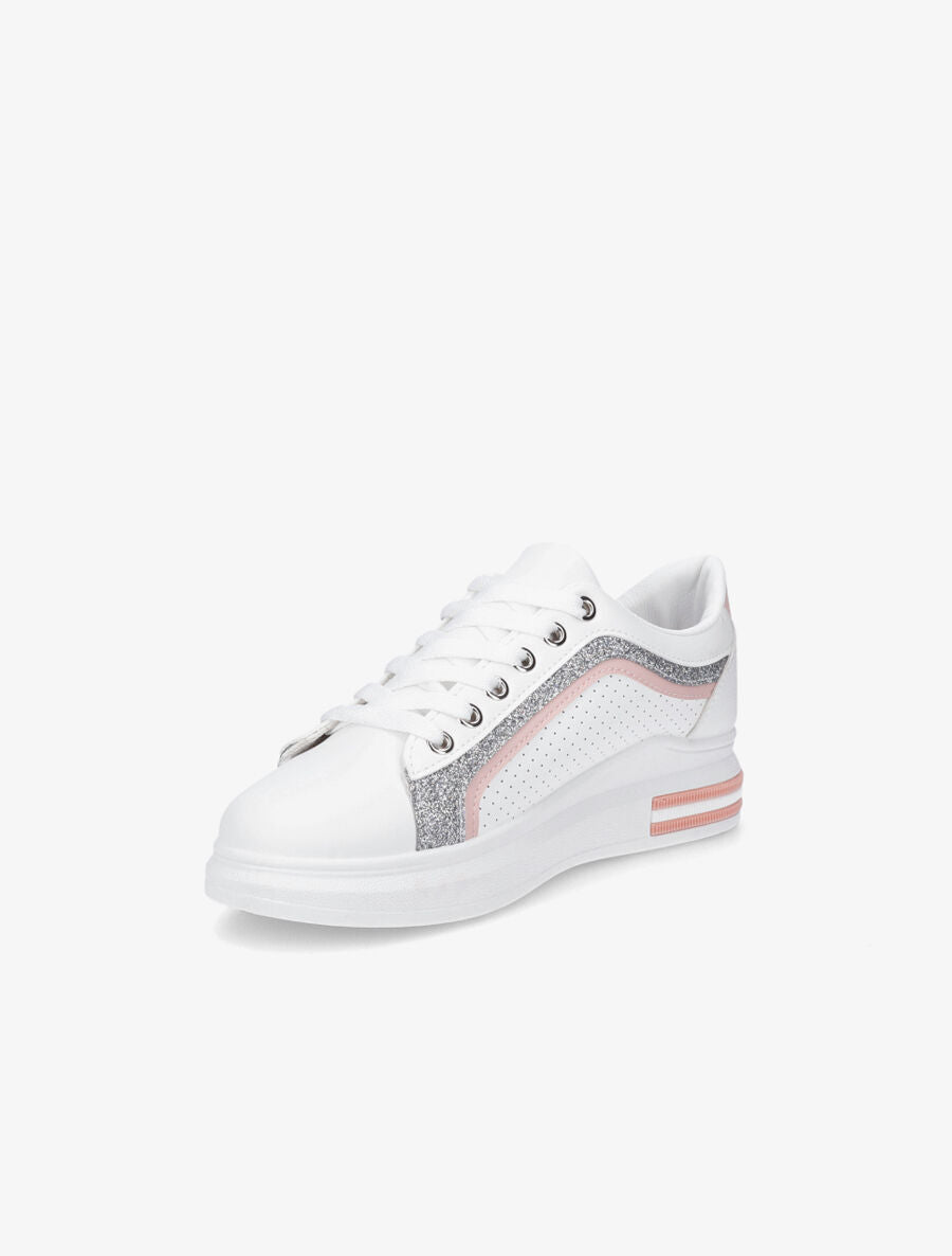 Sneakers en simili perforés à bandes pailletées - Rose - 3