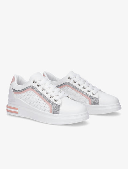 Sneakers en simili perforés à bandes pailletées - Rose - 4