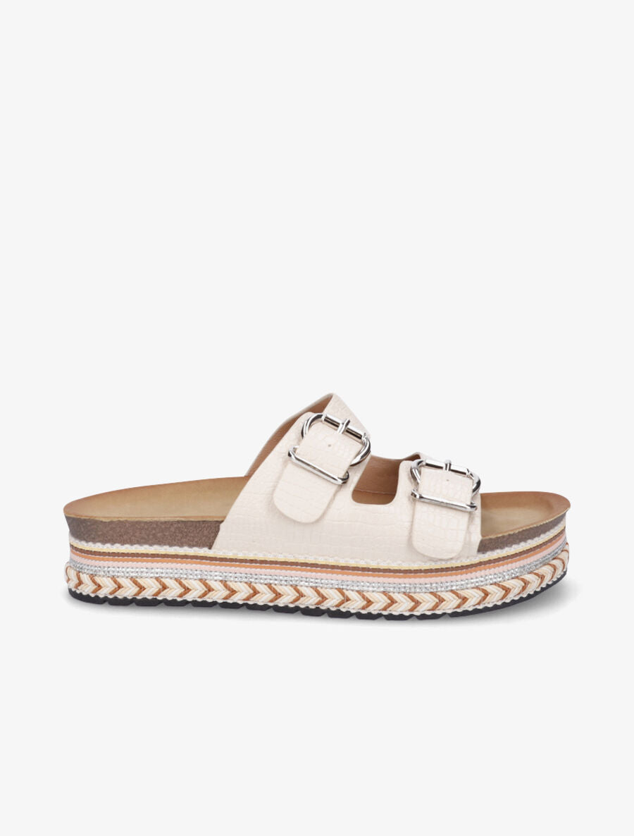 Claquettes croco à plateforme - Beige - 5
