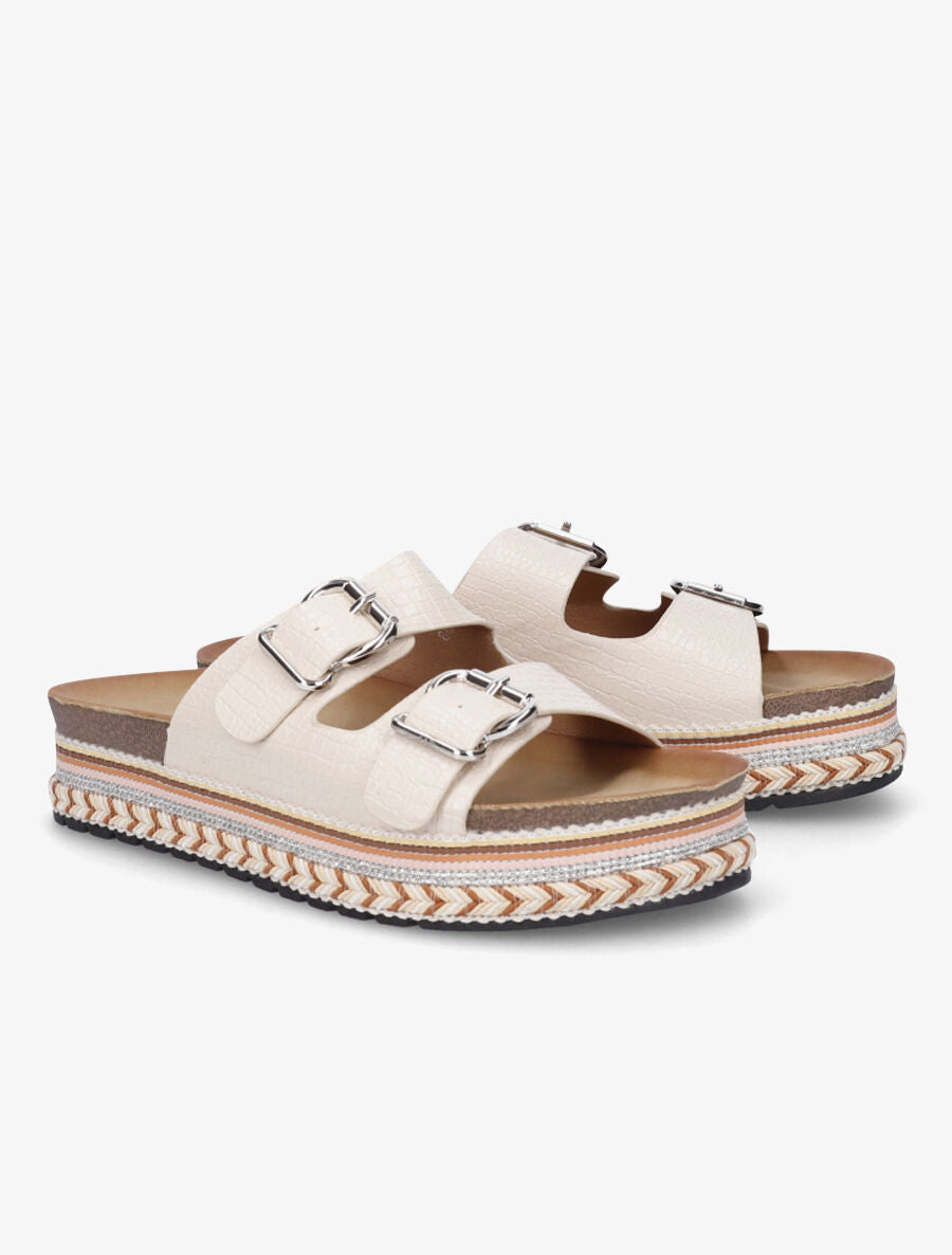 Claquettes croco à plateforme - Beige - 4