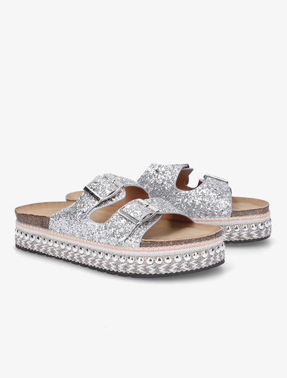 Claquettes à double brides à sequins - Argent - 4