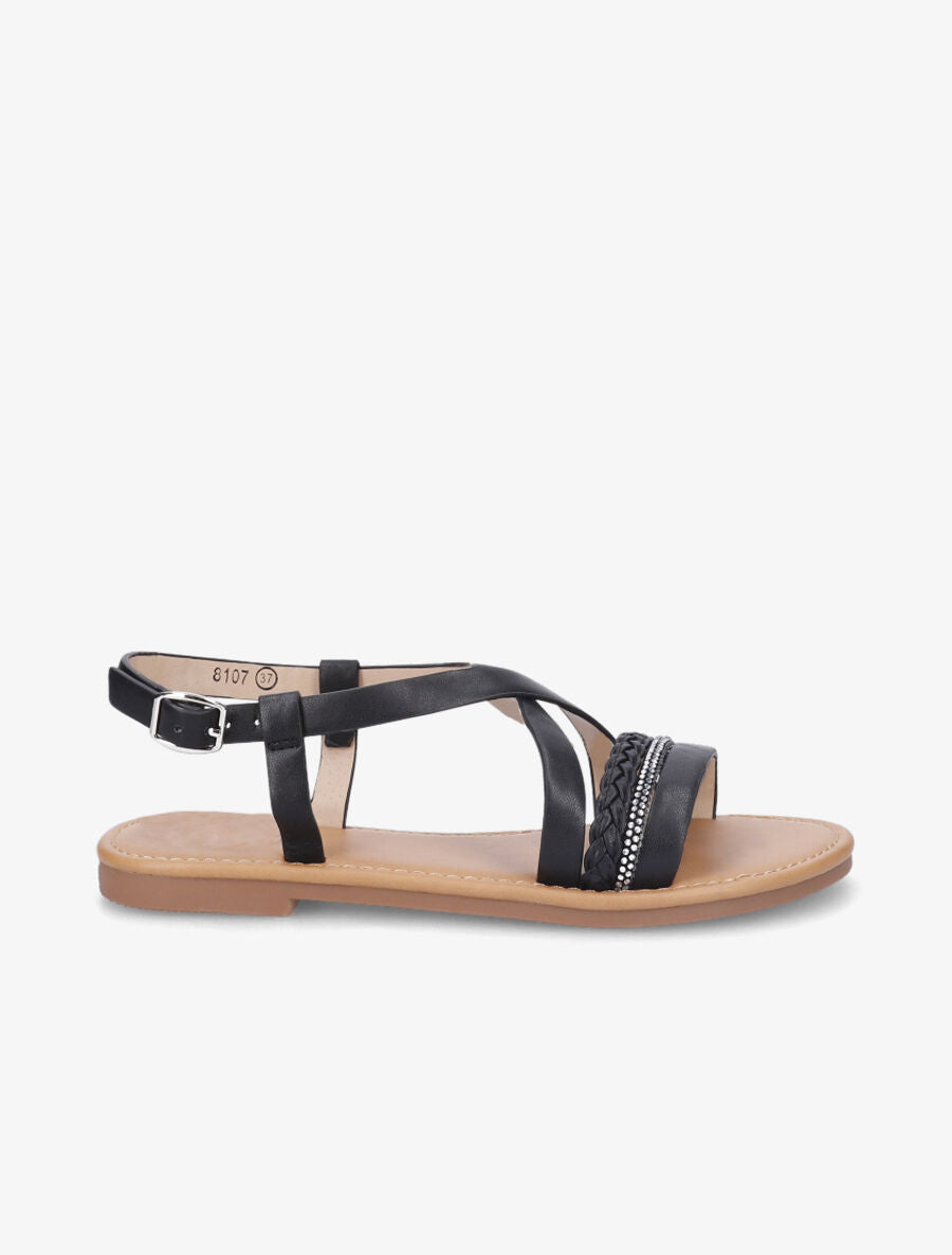 Nu-pieds en simili à bride tressée et strass - Noir - 1
