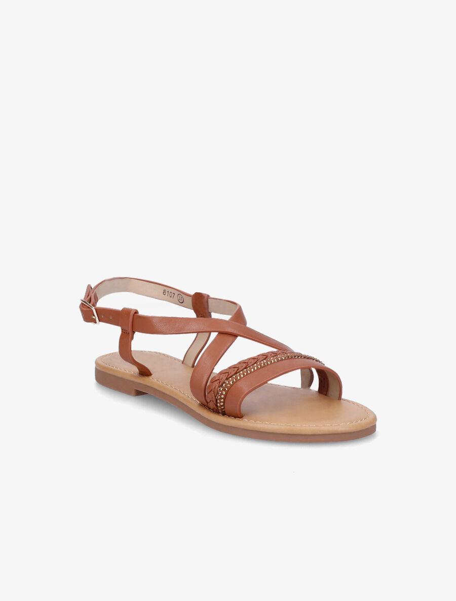 Nu-pieds en simili à bride tressée et strass - Camel - 2