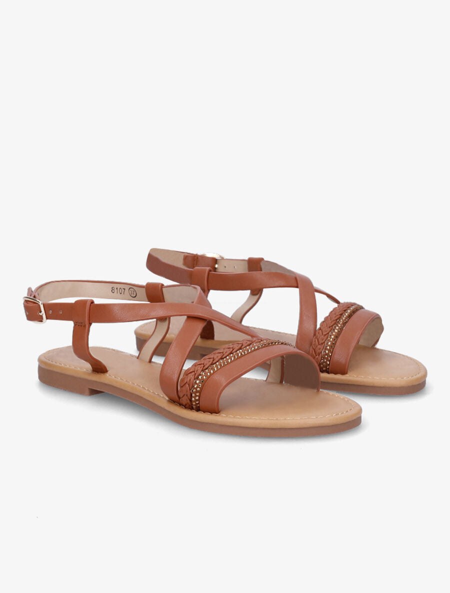Nu-pieds en simili à bride tressée et strass - Camel - 4