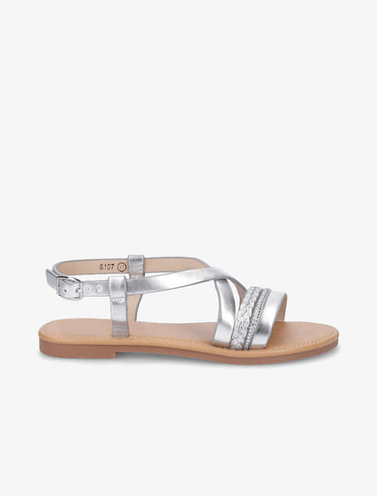 Nu-pieds en simili à bride tressée et strass - Argent - 5