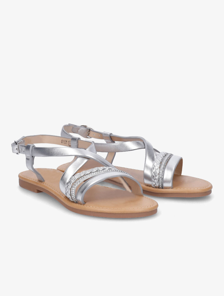 Nu-pieds en simili à bride tressée et strass - Argent - 4